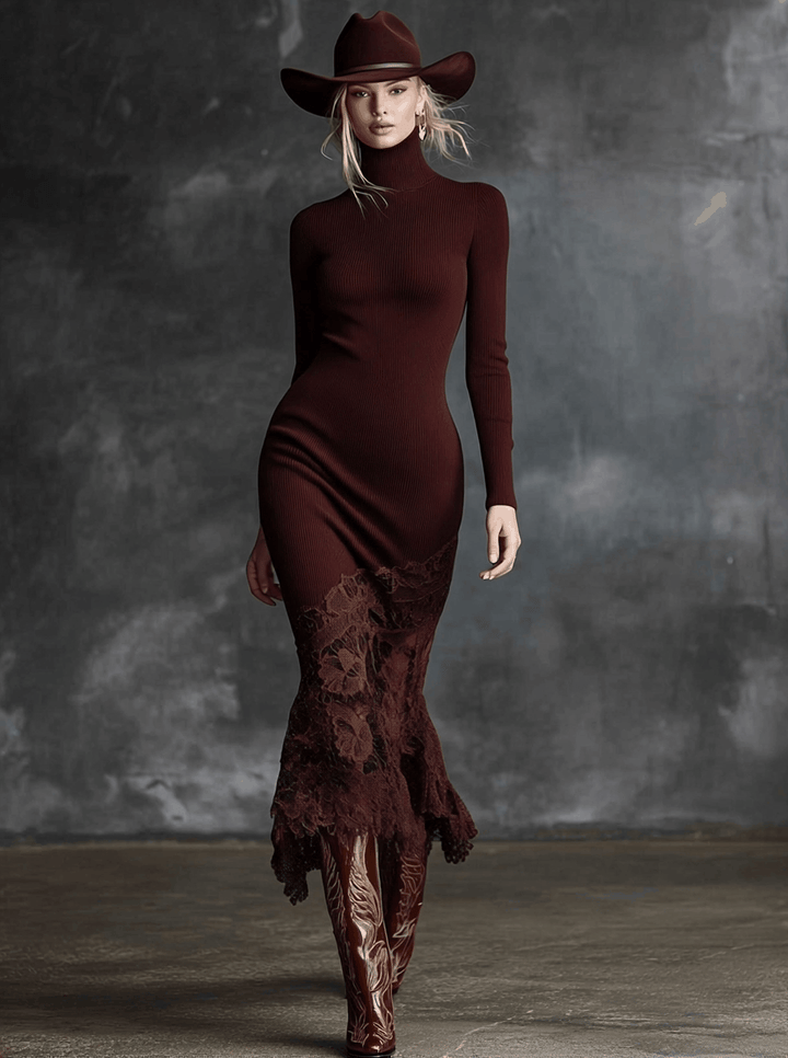 Theodora | High-Neck Lace-Hem Maxi Dress