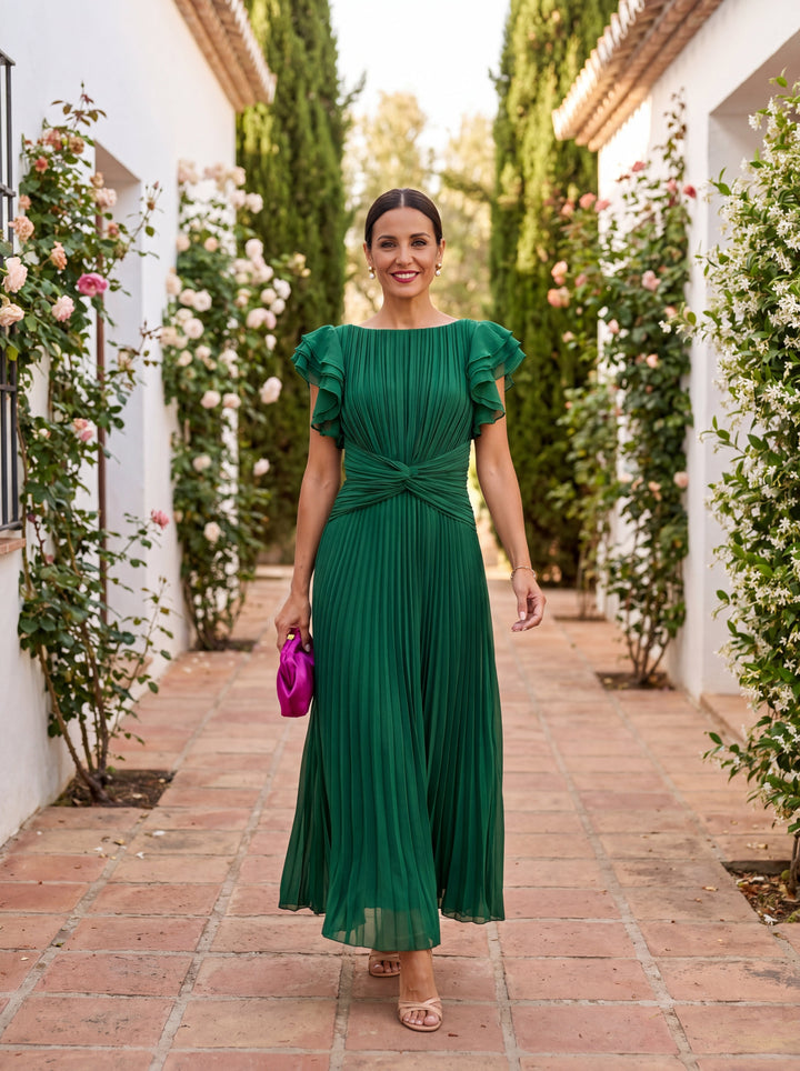 Evelina | Tie-Front Pleated Midi Dress