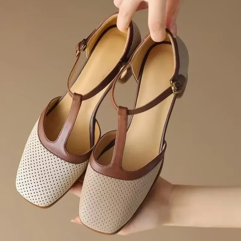 Bryony | Elegant T-Strap Block Heel Pumps