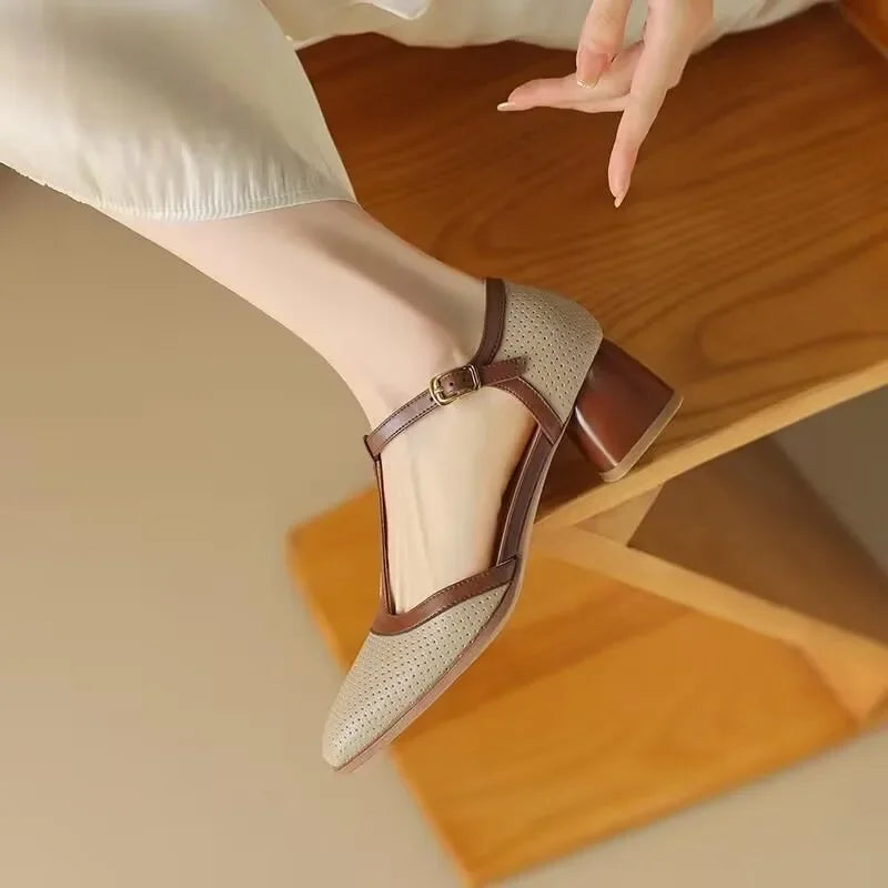 Bryony | Elegant T-Strap Block Heel Pumps