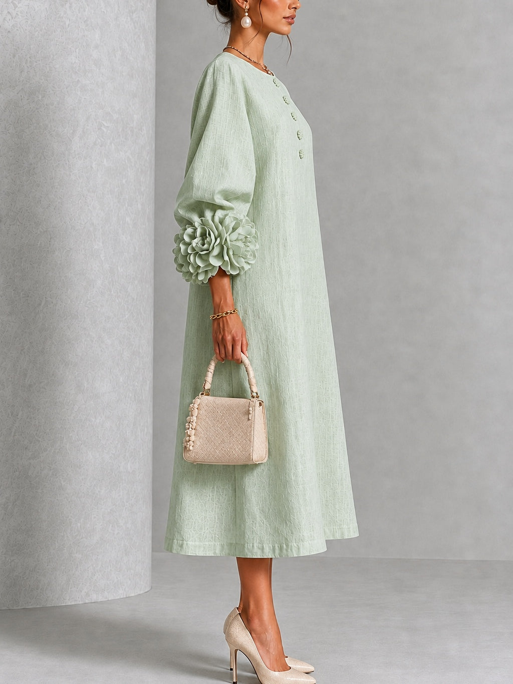 Clara | Floral-Cuff Midi Dress