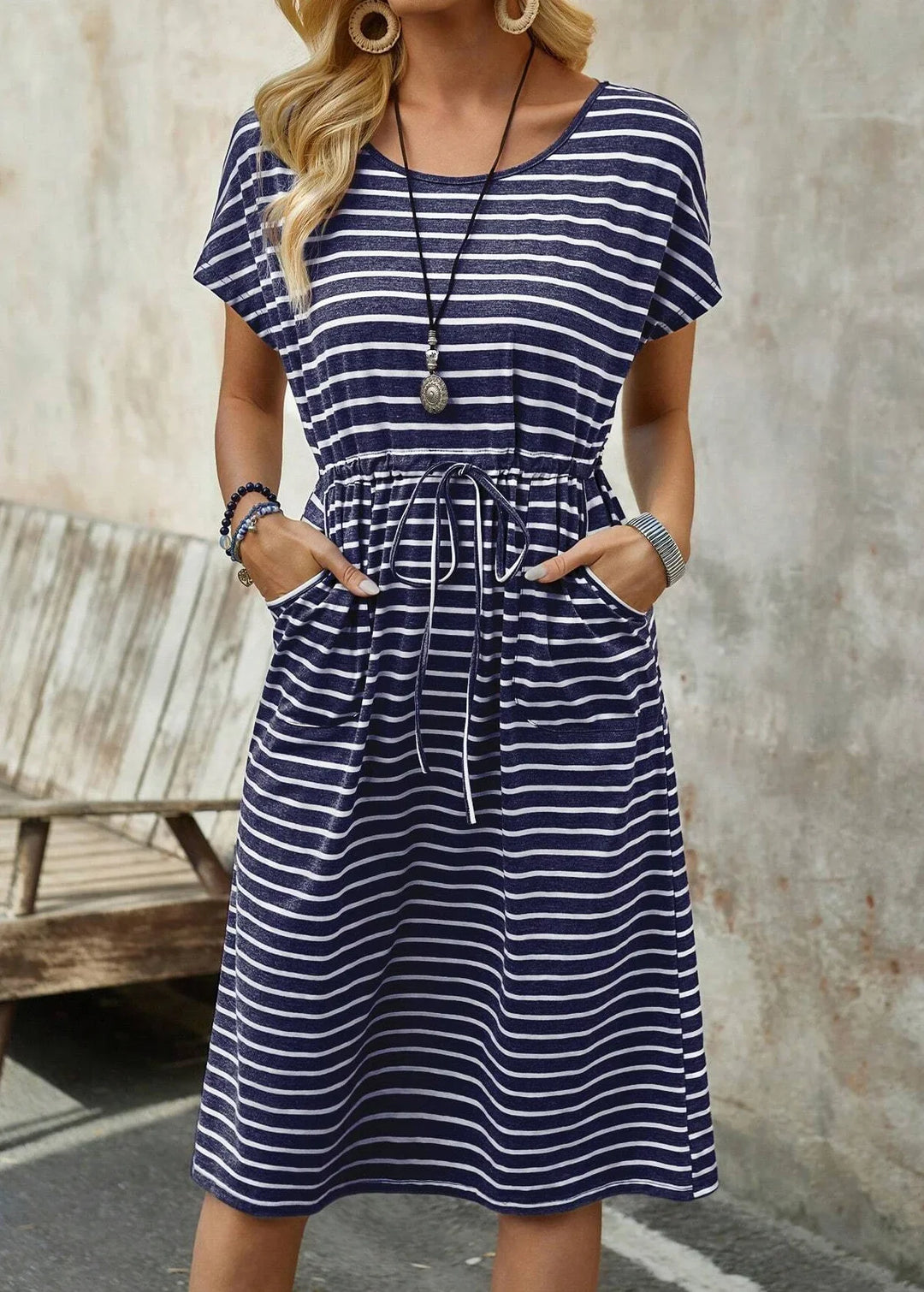 Adalyn | Striped Tie-Waist Midi Dress
