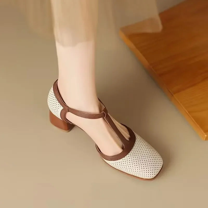 Bryony | Elegant T-Strap Block Heel Pumps