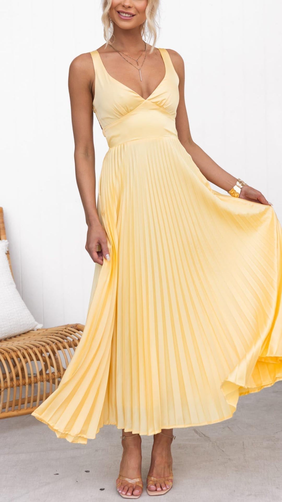 Corinna | Pleated V-Neck Maxi Dress