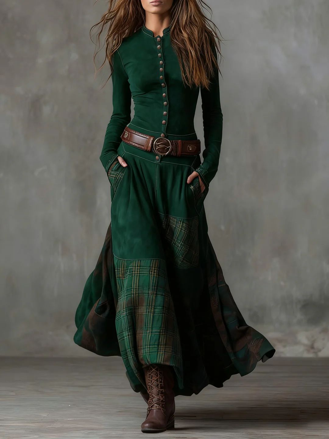 Katarina | Vintage Buttoned Check Maxi Dress