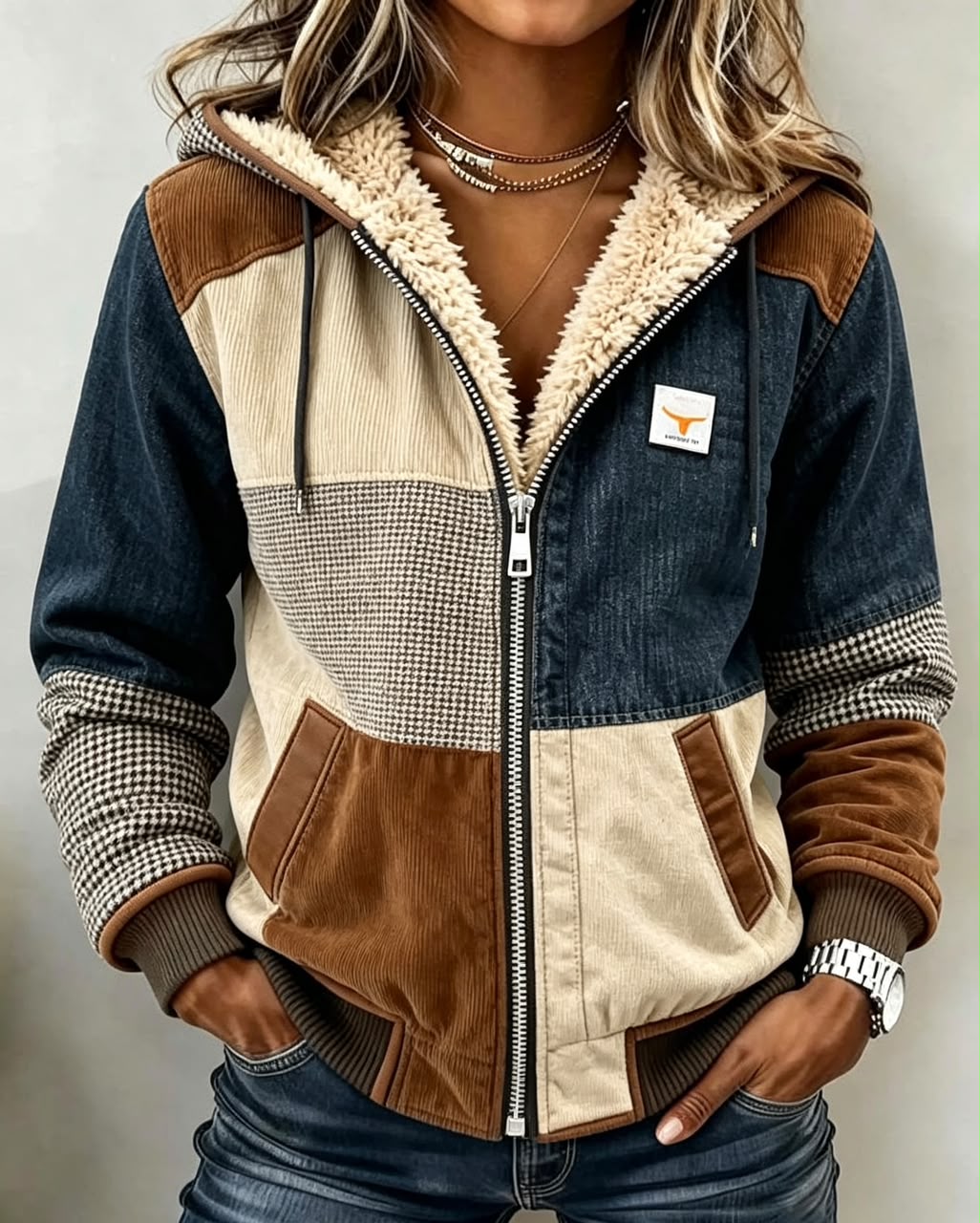 Emmeline | Patchwork Zip-Up Hooded Jacket