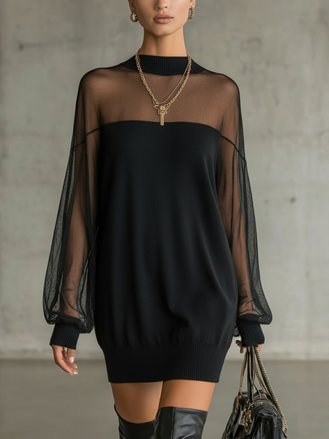 Meredith | Sheer-Sleeve High-Neck Mini Dress