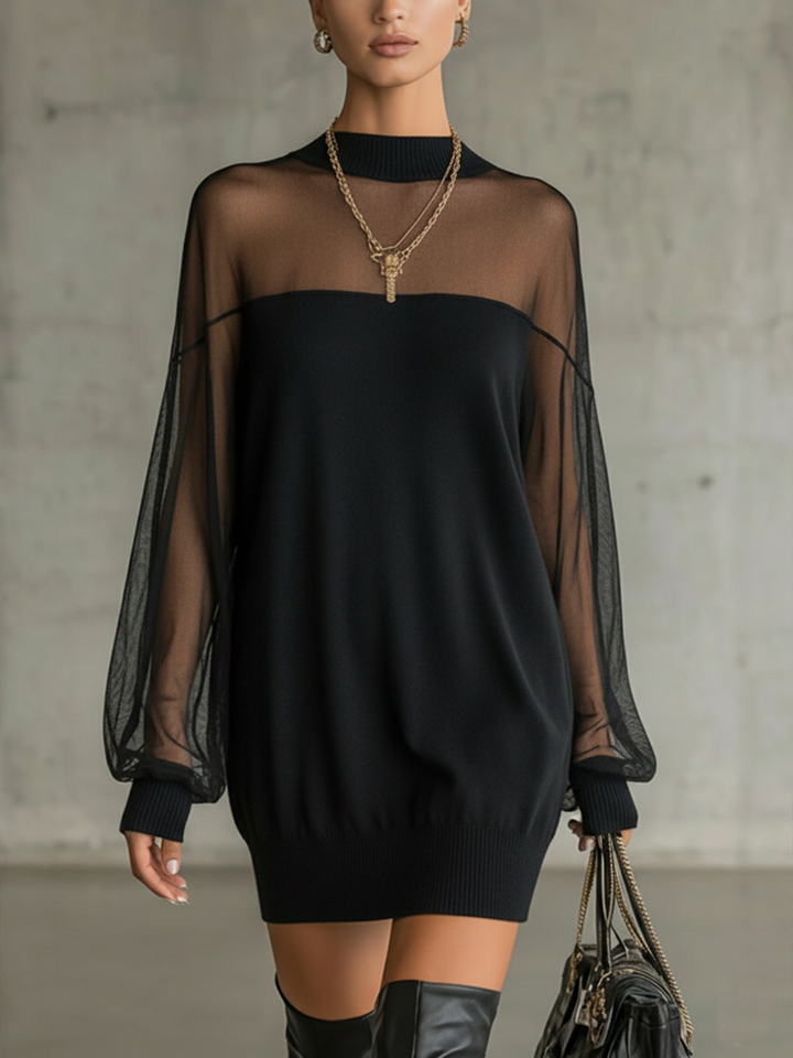 Meredith | Sheer-Sleeve High-Neck Mini Dress