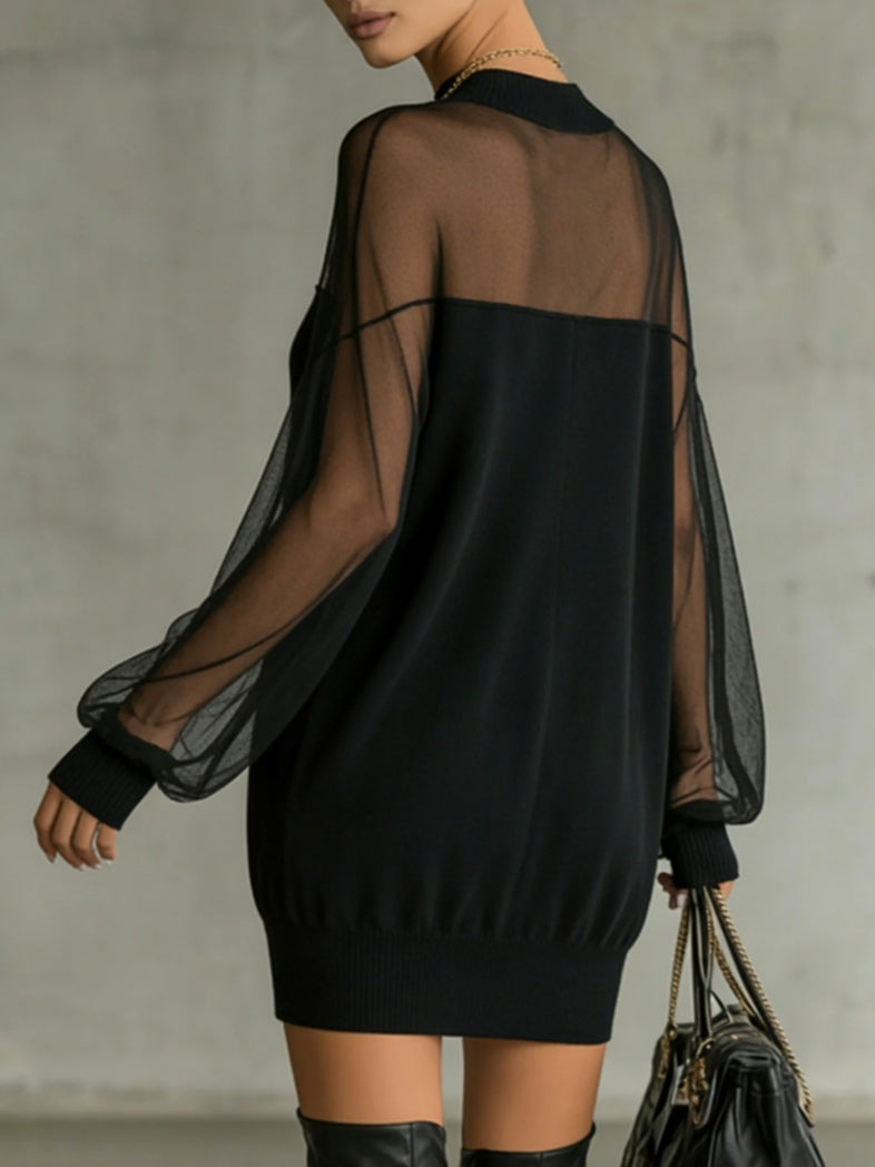 Meredith | Sheer-Sleeve High-Neck Mini Dress