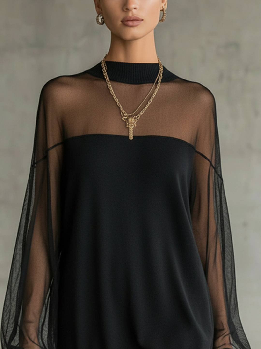 Meredith | Sheer-Sleeve High-Neck Mini Dress