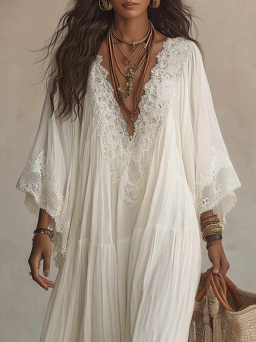 Celia | Flowing Lace-Trimmed Maxi Dress