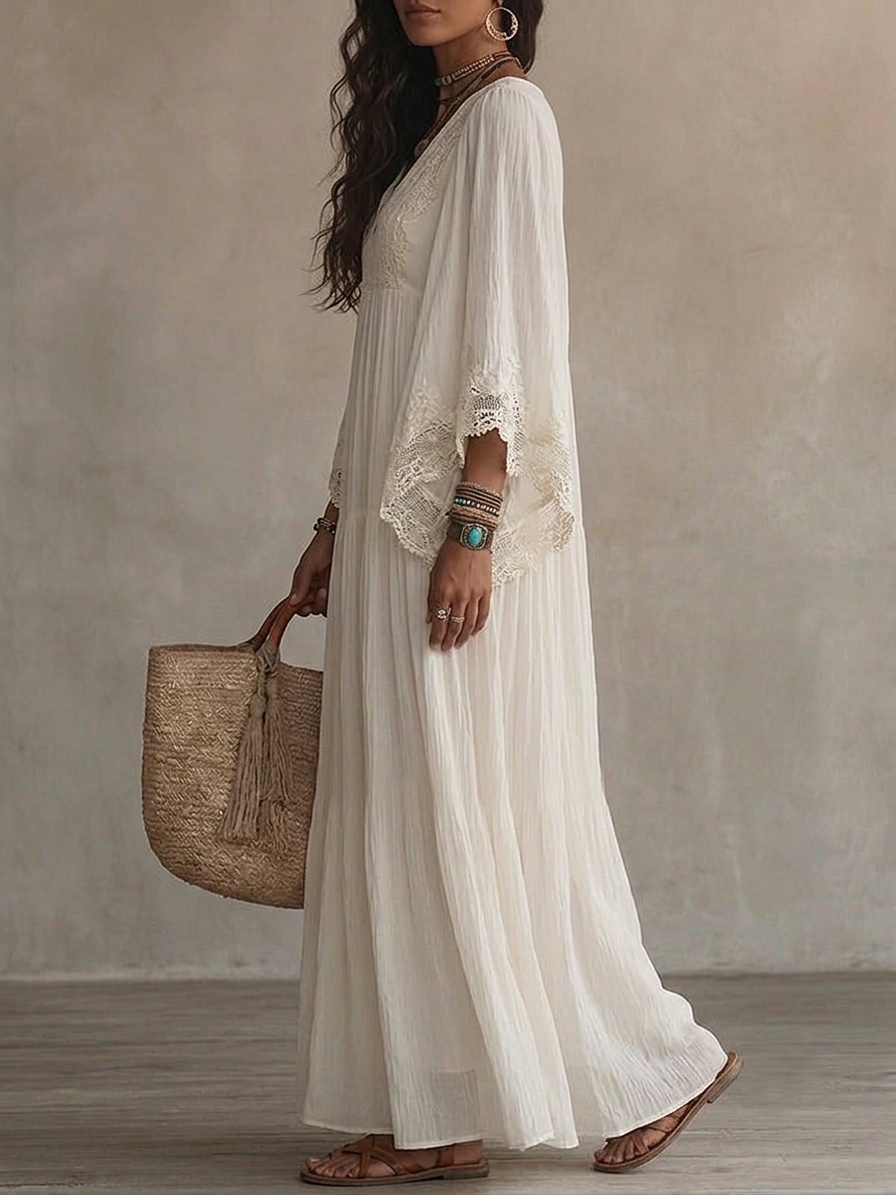Celia | Flowing Lace-Trimmed Maxi Dress