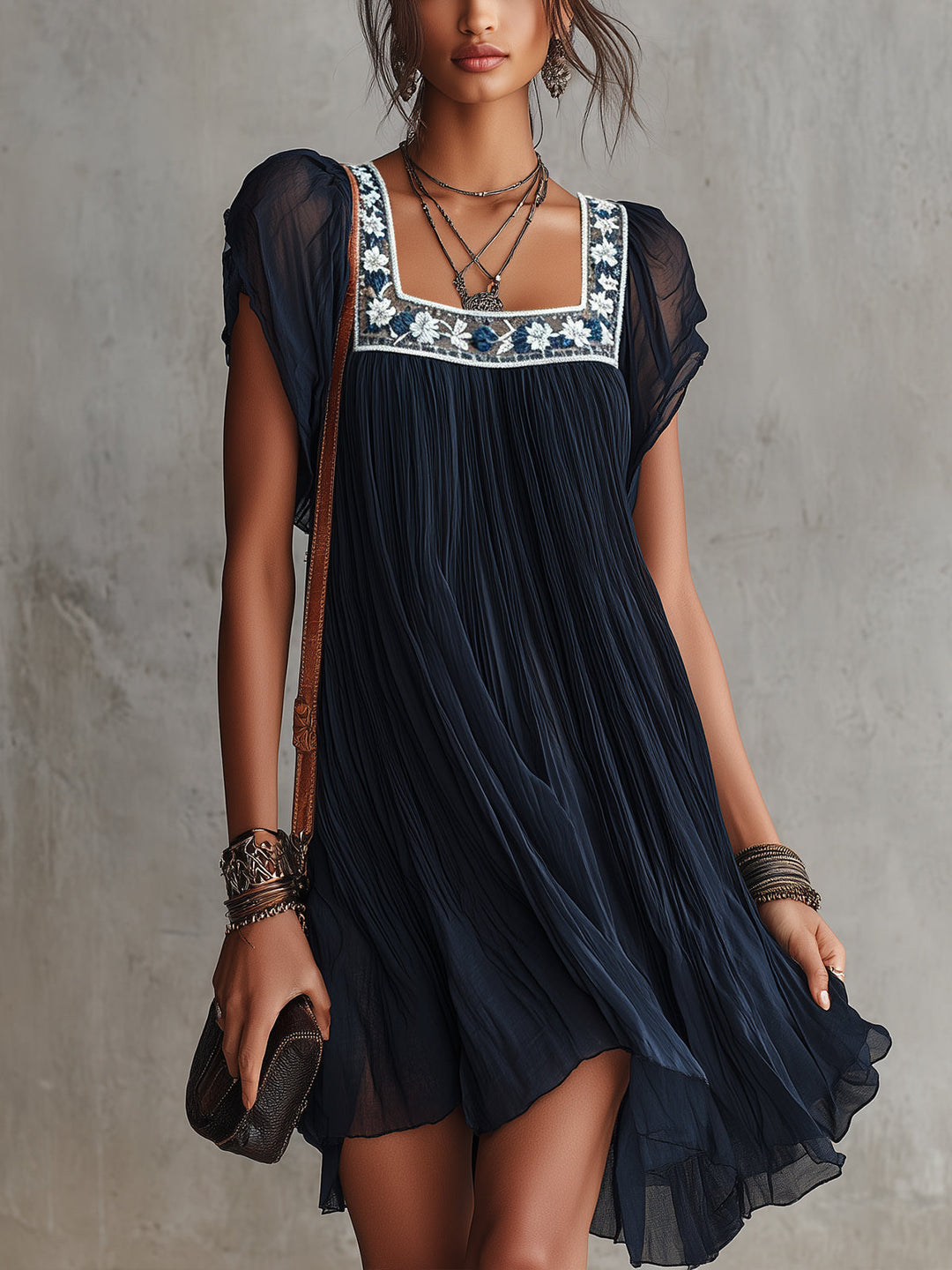 Noemie | Floral-Embroidered Pleated Mini Dress