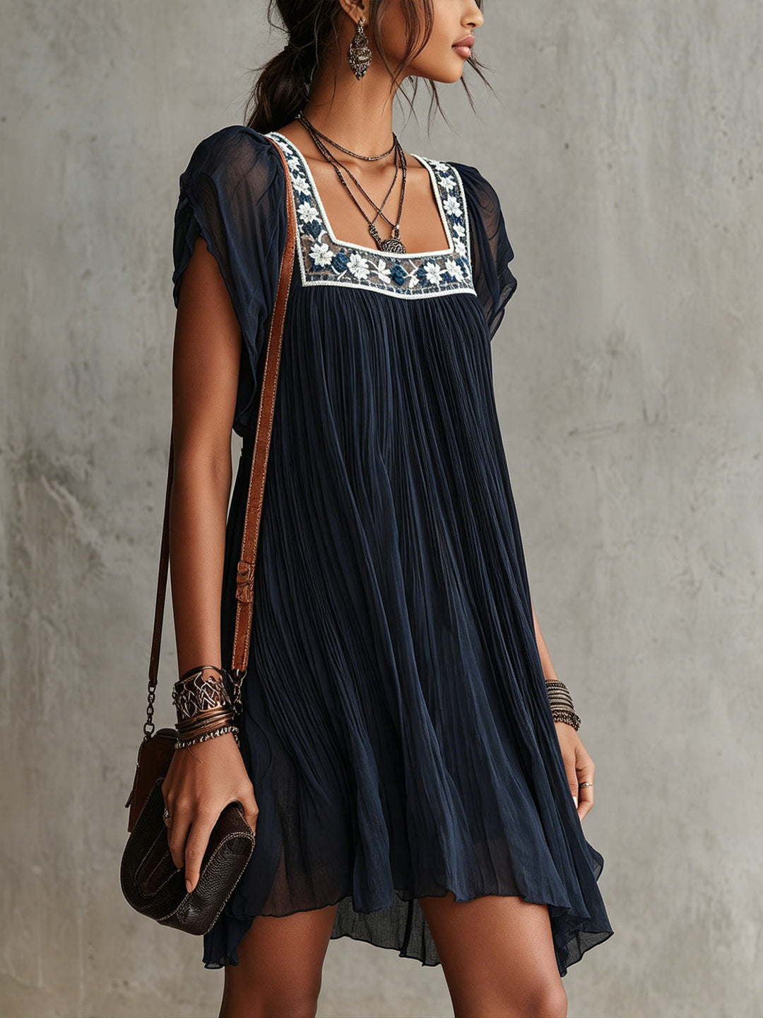 Noemie | Floral-Embroidered Pleated Mini Dress