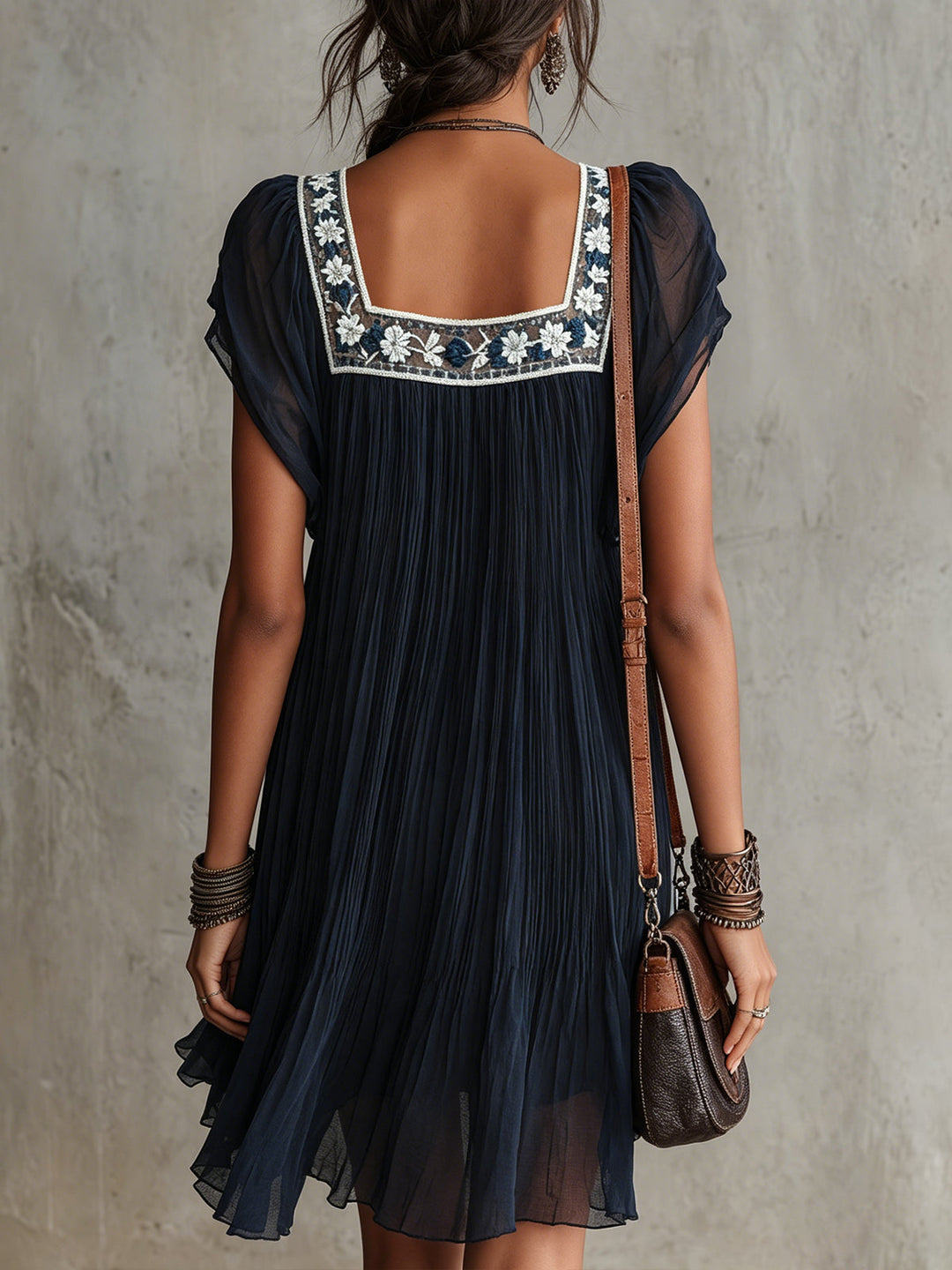 Noemie | Floral-Embroidered Pleated Mini Dress