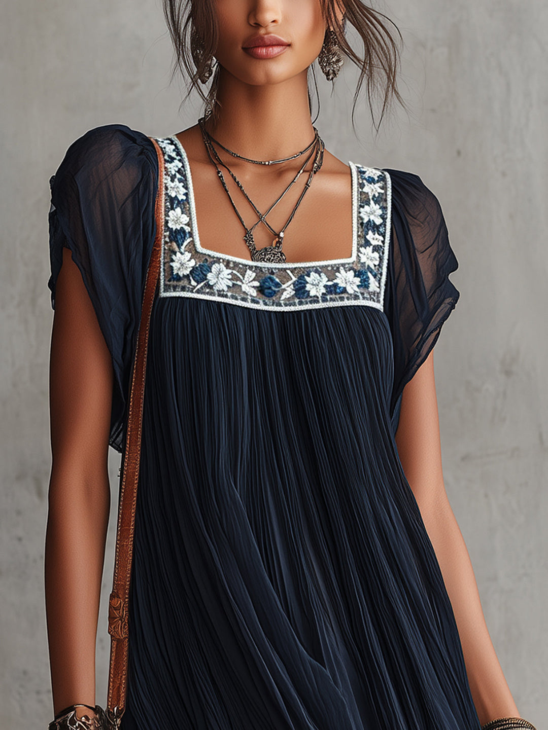 Noemie | Floral-Embroidered Pleated Mini Dress