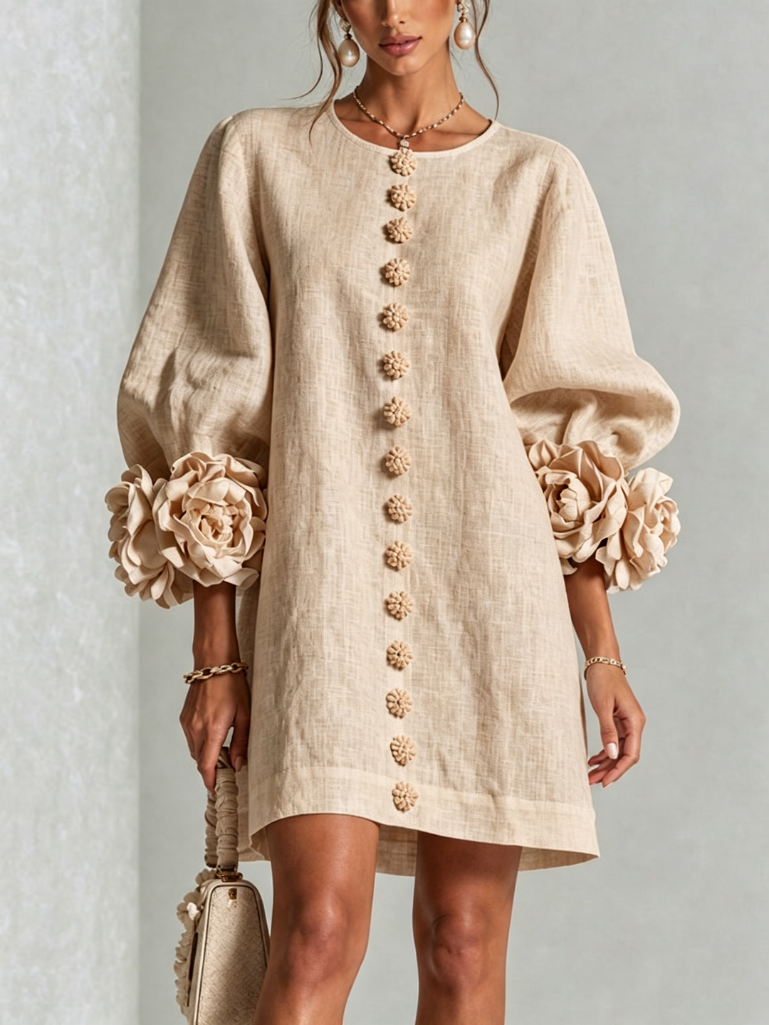 Susanna | Button-Front Floral-Cuff Mini Dress