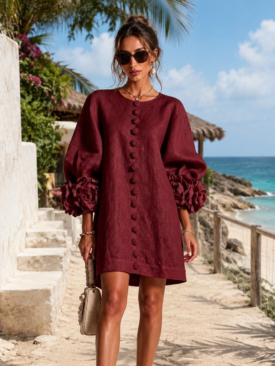 Camellia | Rose-Cuff Button Mini Dress