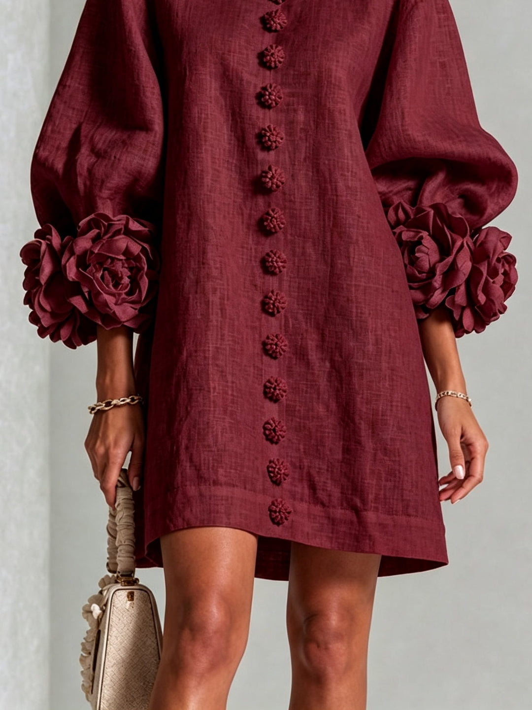 Camellia | Rose-Cuff Button Mini Dress