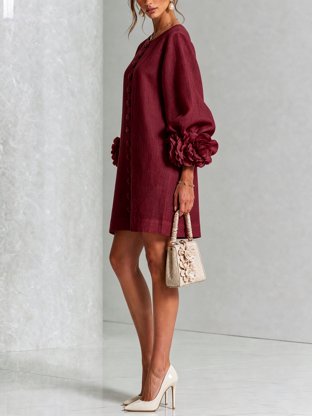 Camellia | Rose-Cuff Button Mini Dress