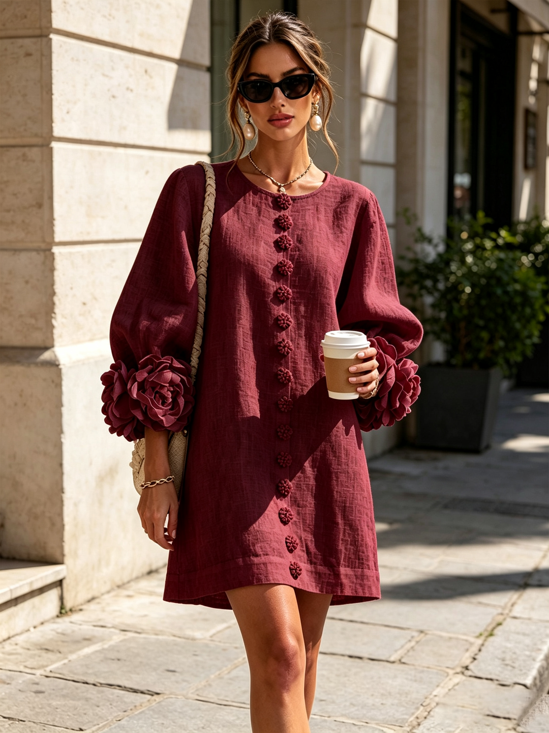 Camellia | Rose-Cuff Button Mini Dress