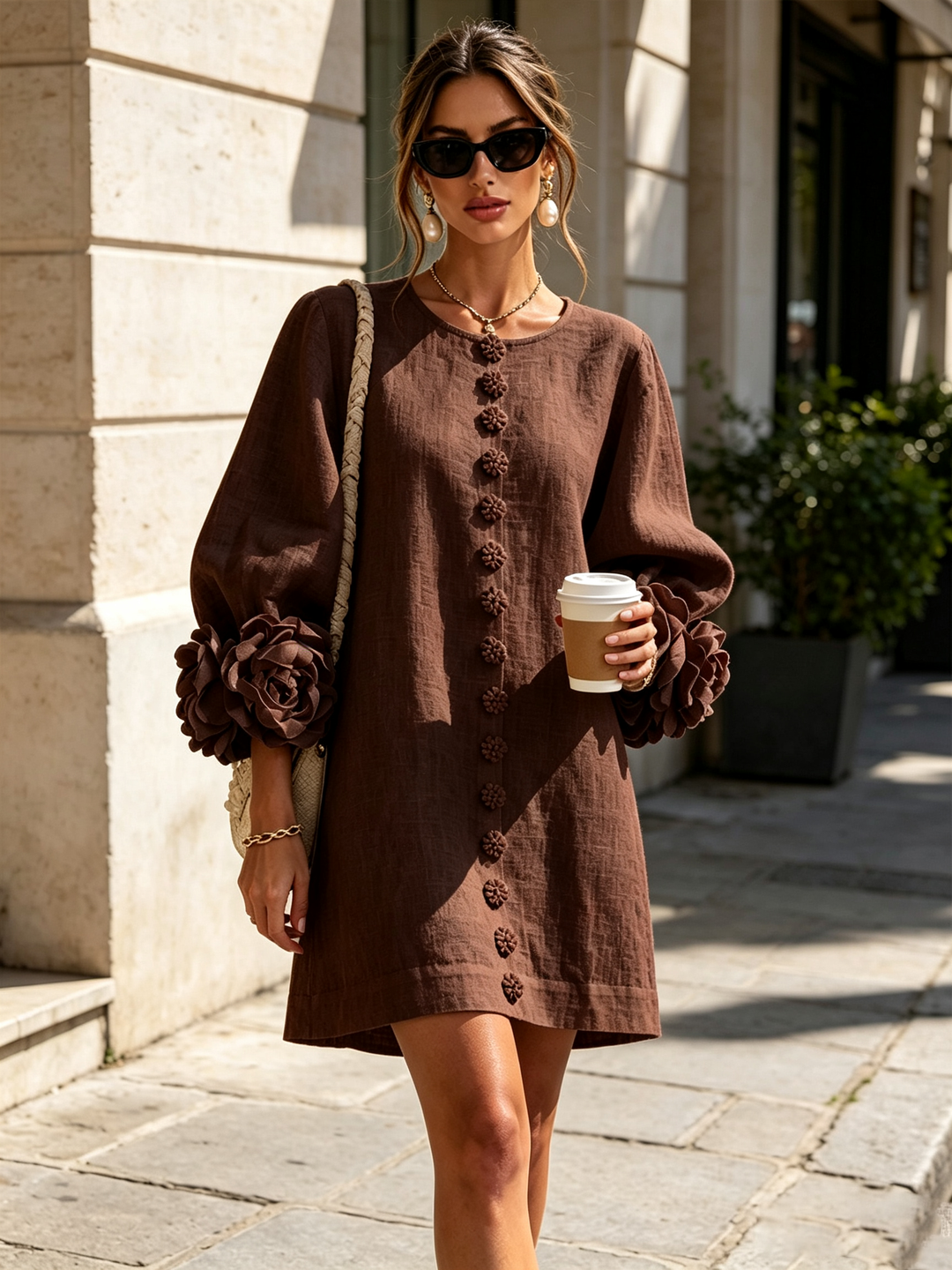 Adriana | Floral-Cuff Button Mini Dress