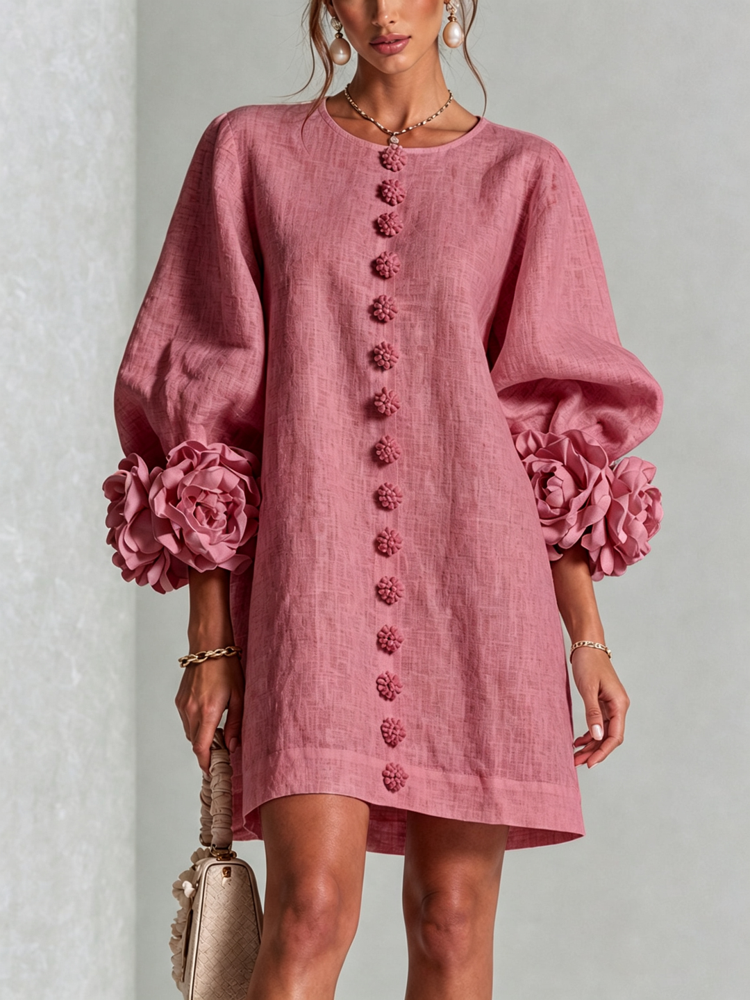 Susanna | Button-Front Floral-Cuff Mini Dress