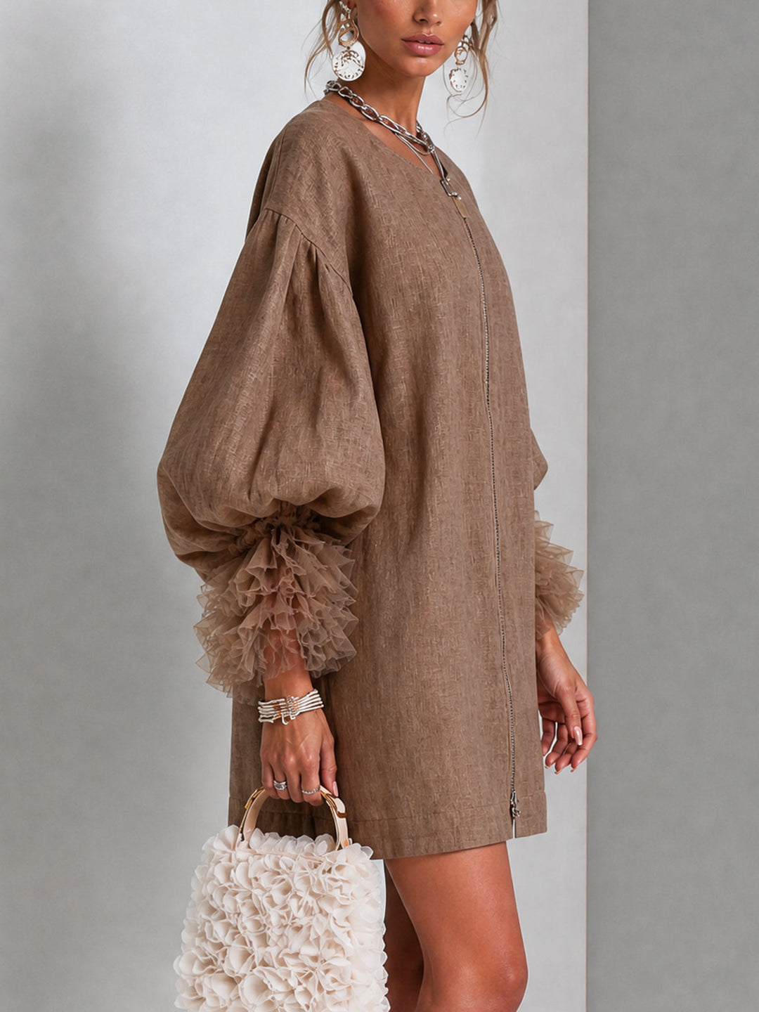 Flora | Zip-Front Balloon Sleeve Mini Dress