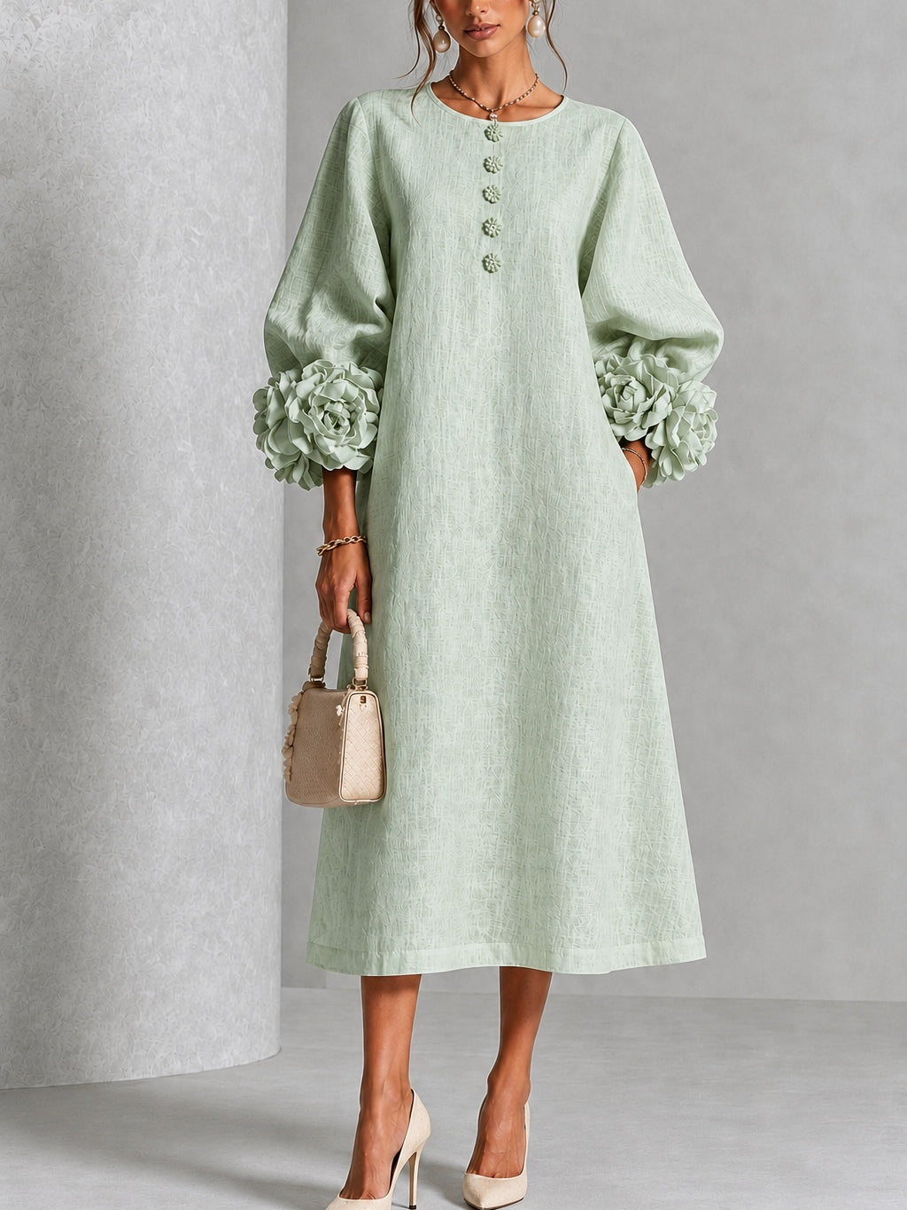 Clara | Floral-Cuff Midi Dress