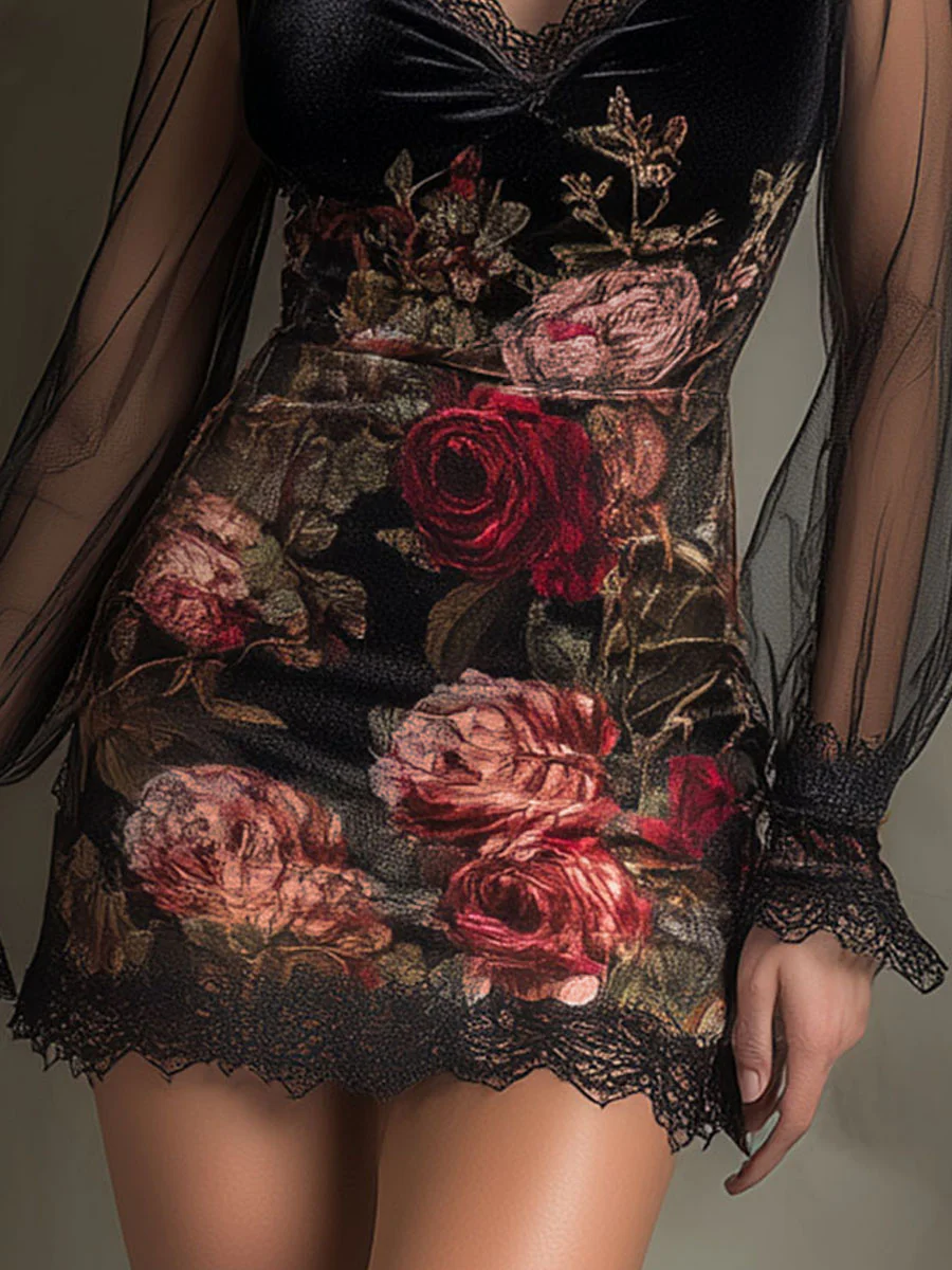 Roselle | Floral Lace-Trim Mini Dress