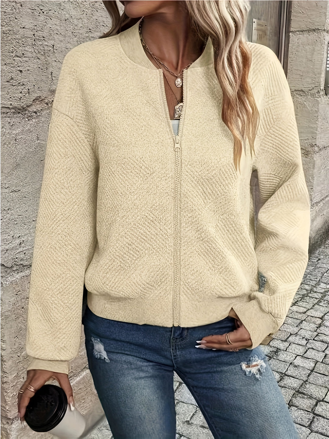 Delia | Textured Zip-Up Bomber Jacket