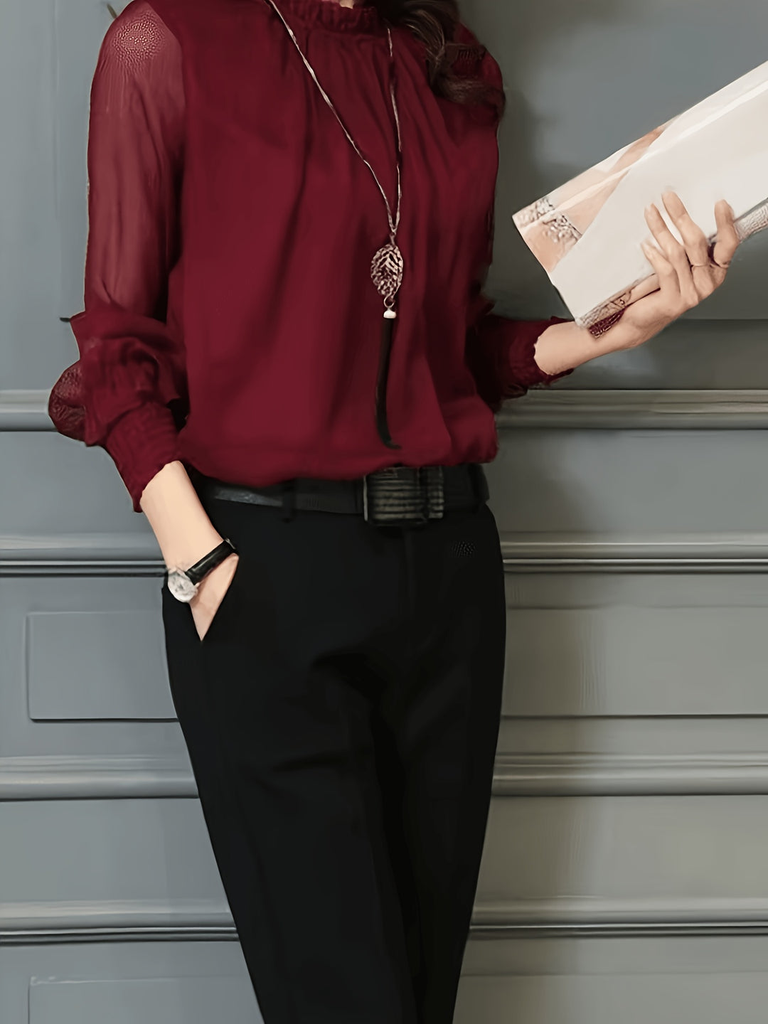Leonora | Sheer-Sleeve Stand Collar Blouse