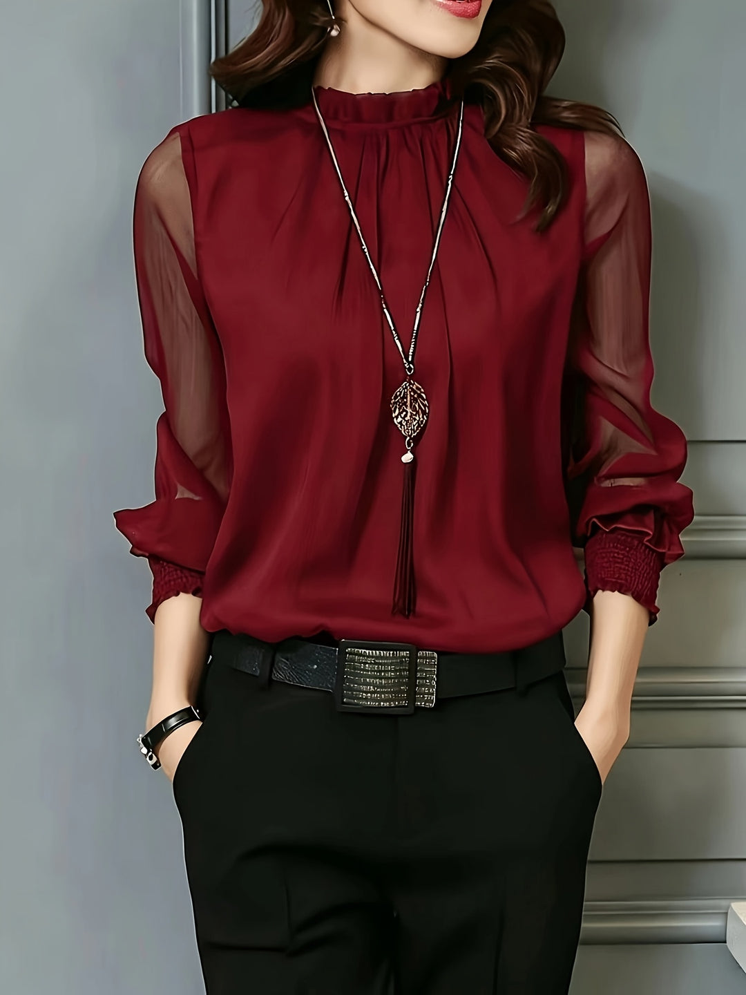 Leonora | Sheer-Sleeve Stand Collar Blouse