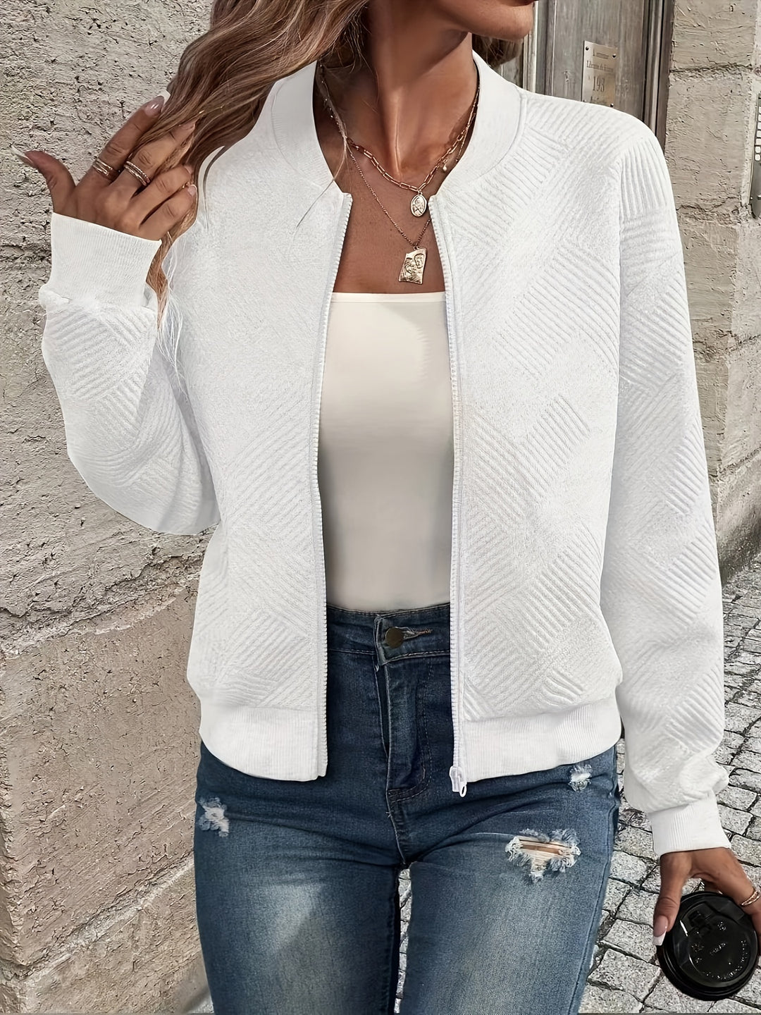 Delia | Textured Zip-Up Bomber Jacket