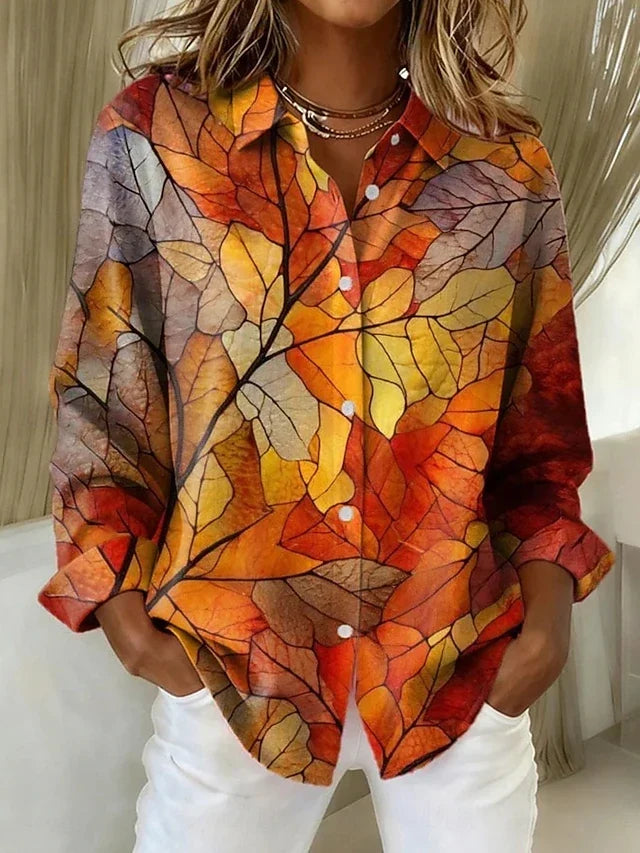 Thelma | Autumn Leaf Print Button Blouse