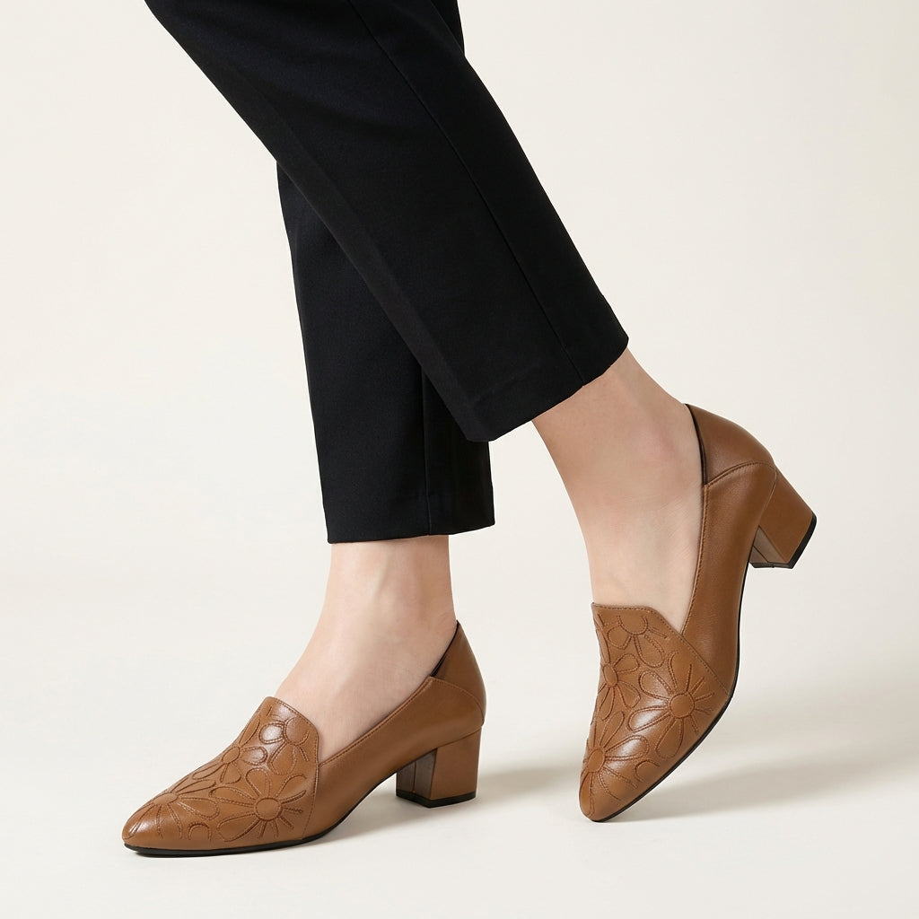Marceline | Floral Embossed Block-Heel Pumps