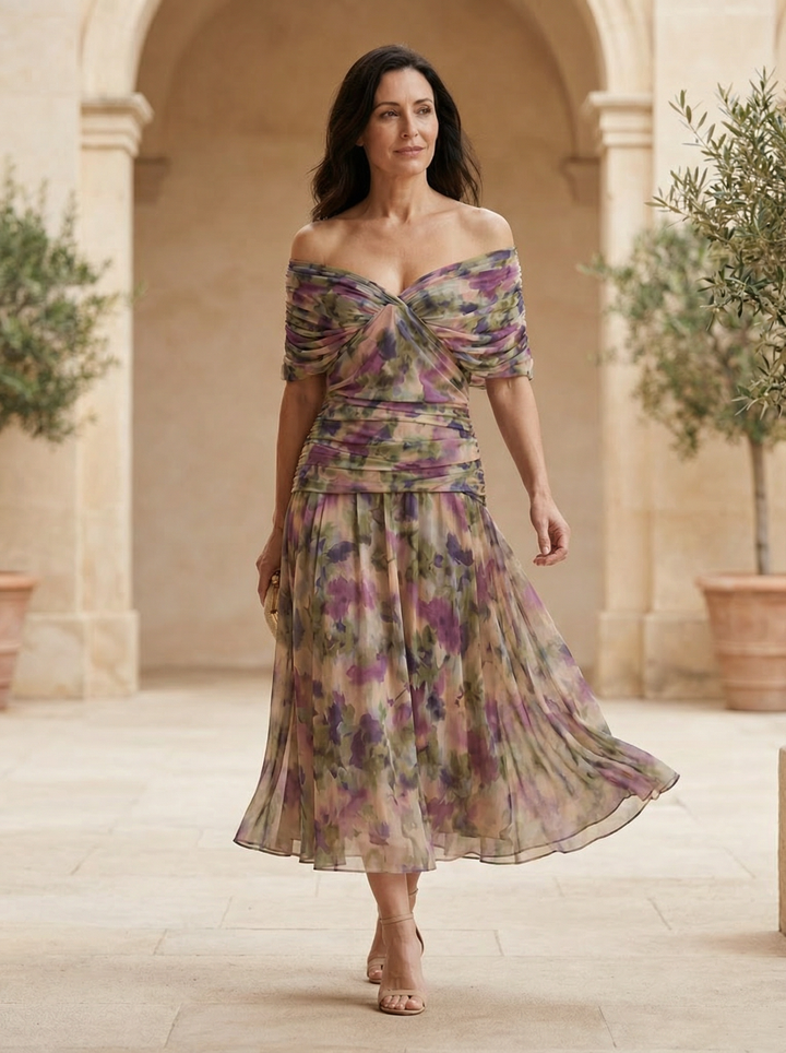 Nerissa | Off-Shoulder Garden-Print Dress