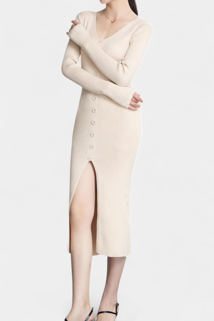 Fenella | Button-Front Ribbed Midi Dress