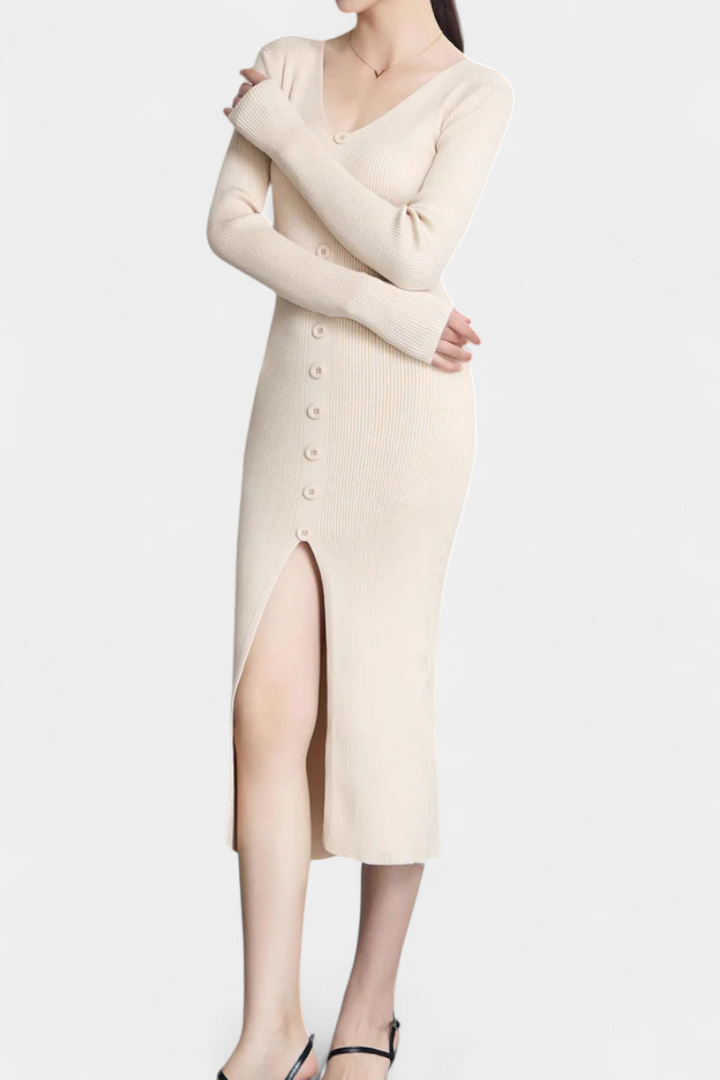 Fenella | Button-Front Ribbed Midi Dress