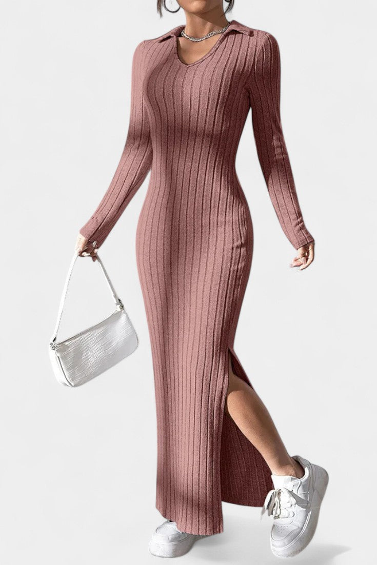 Melanie | Ribbed Collared Maxi Dress