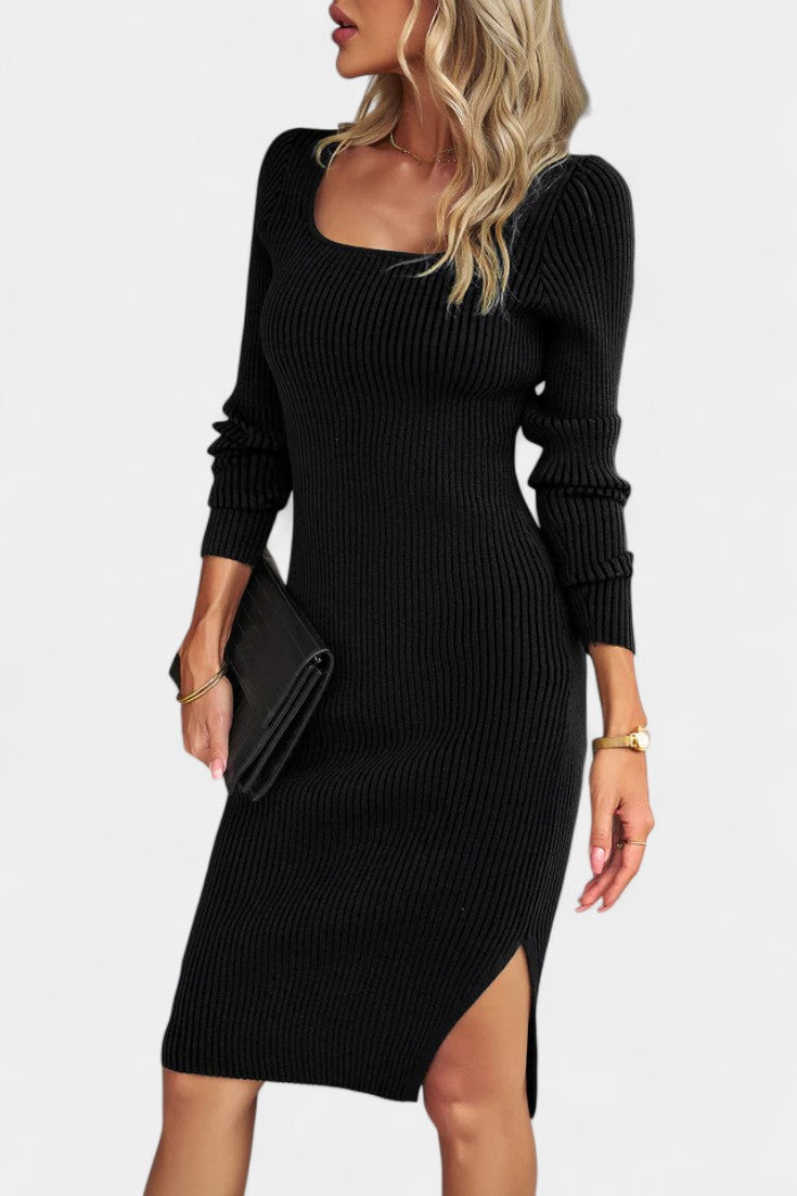Katrina | Fitted Ribbed Midi Dress with Side Slit
