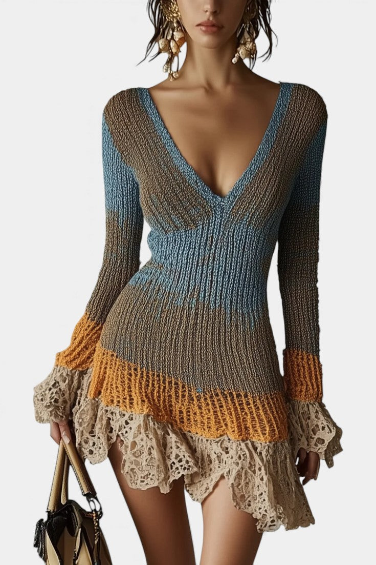 Elena | Lace-Trimmed Ribbed Mini Dress