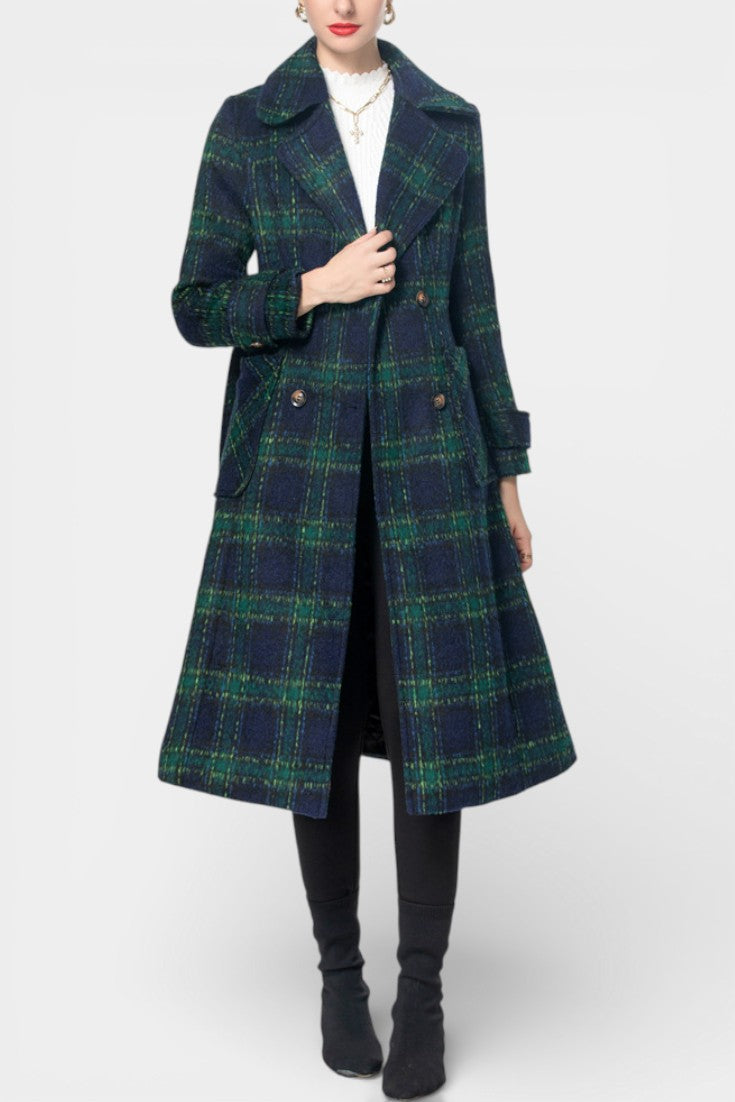 Tabitha | Longline Double-Breasted Check Coat