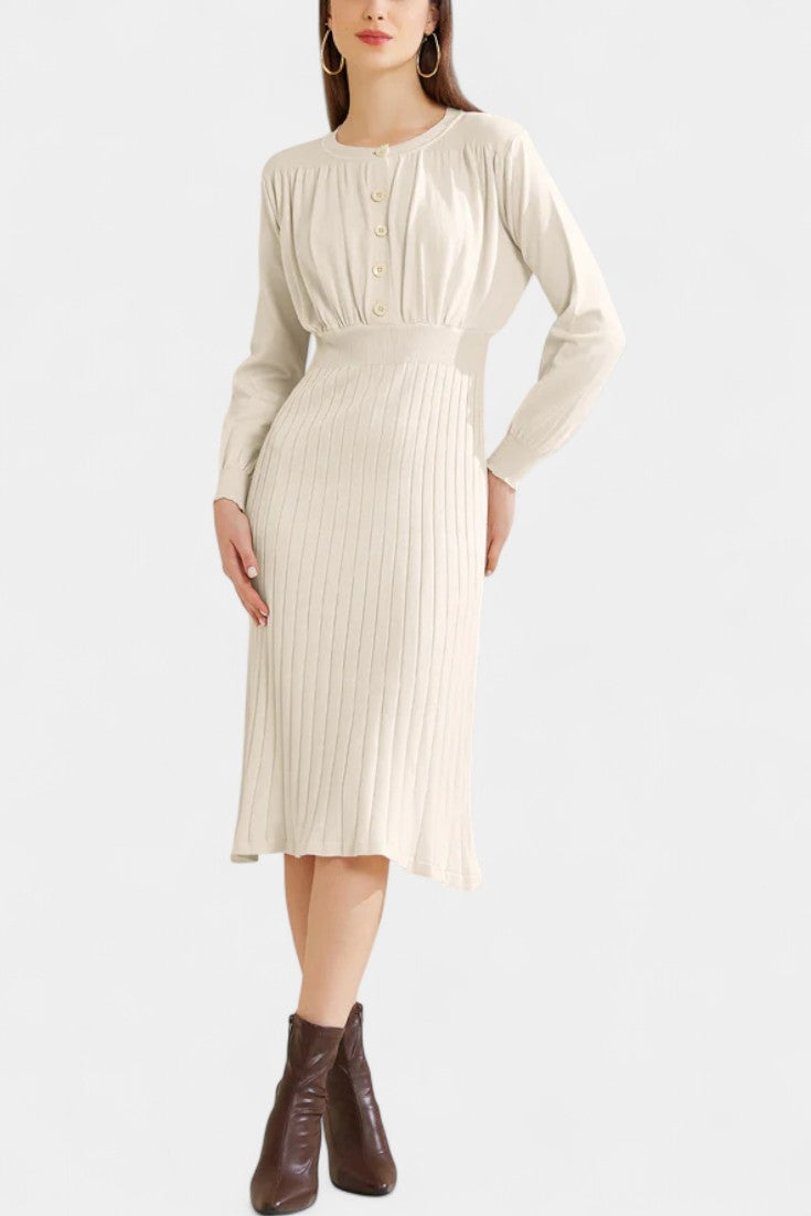 Theodora | Ribbed Midi Dress with Lantern Sleeves