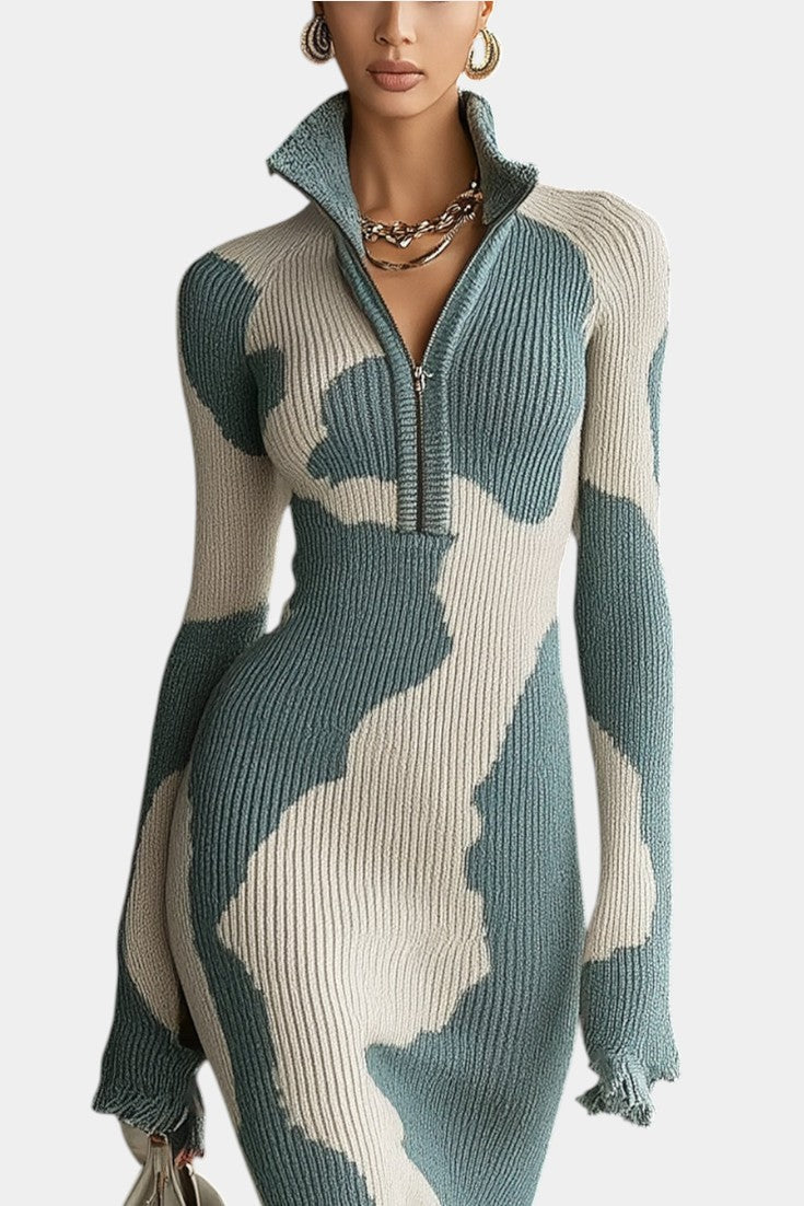 Esther | Abstract Knit Midi Dress with Zip Collar