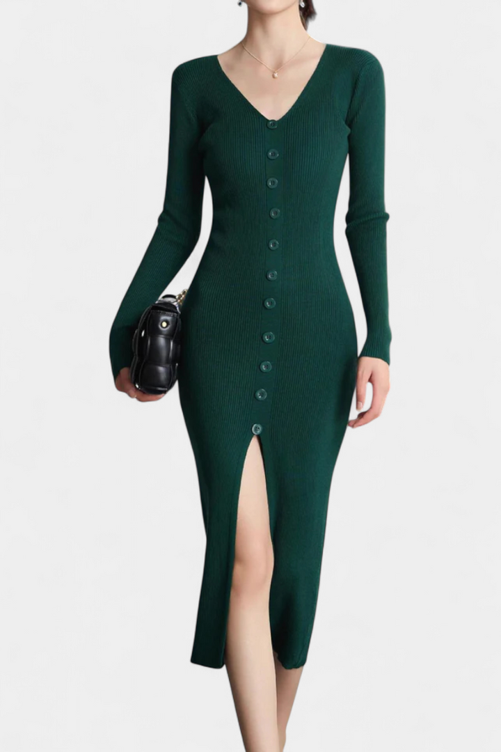 Fenella | Button-Front Ribbed Midi Dress