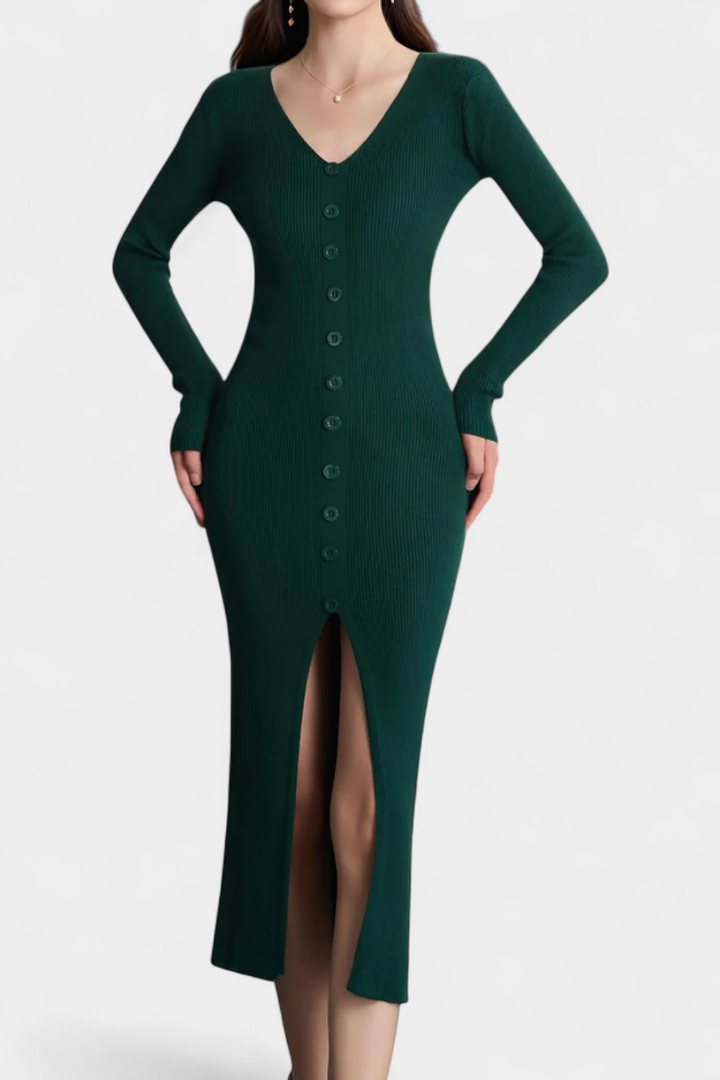 Fenella | Button-Front Ribbed Midi Dress