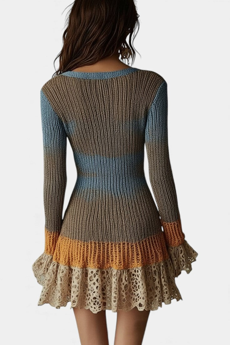 Elena | Lace-Trimmed Ribbed Mini Dress