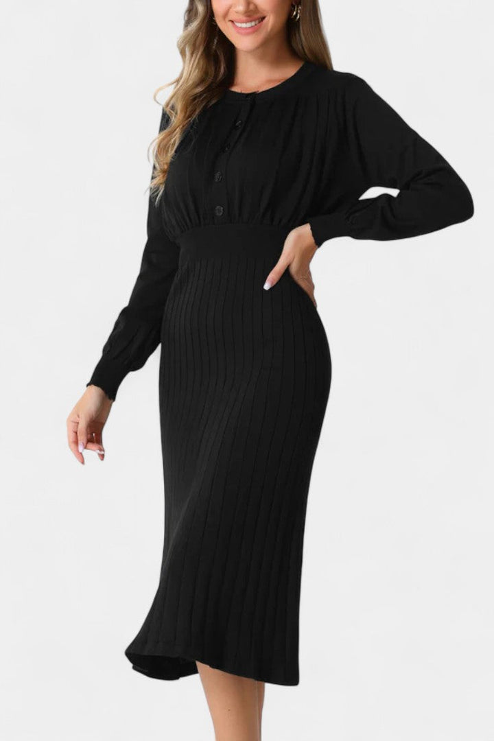 Emmeline | Ribbed Lantern-Sleeve Midi Dress