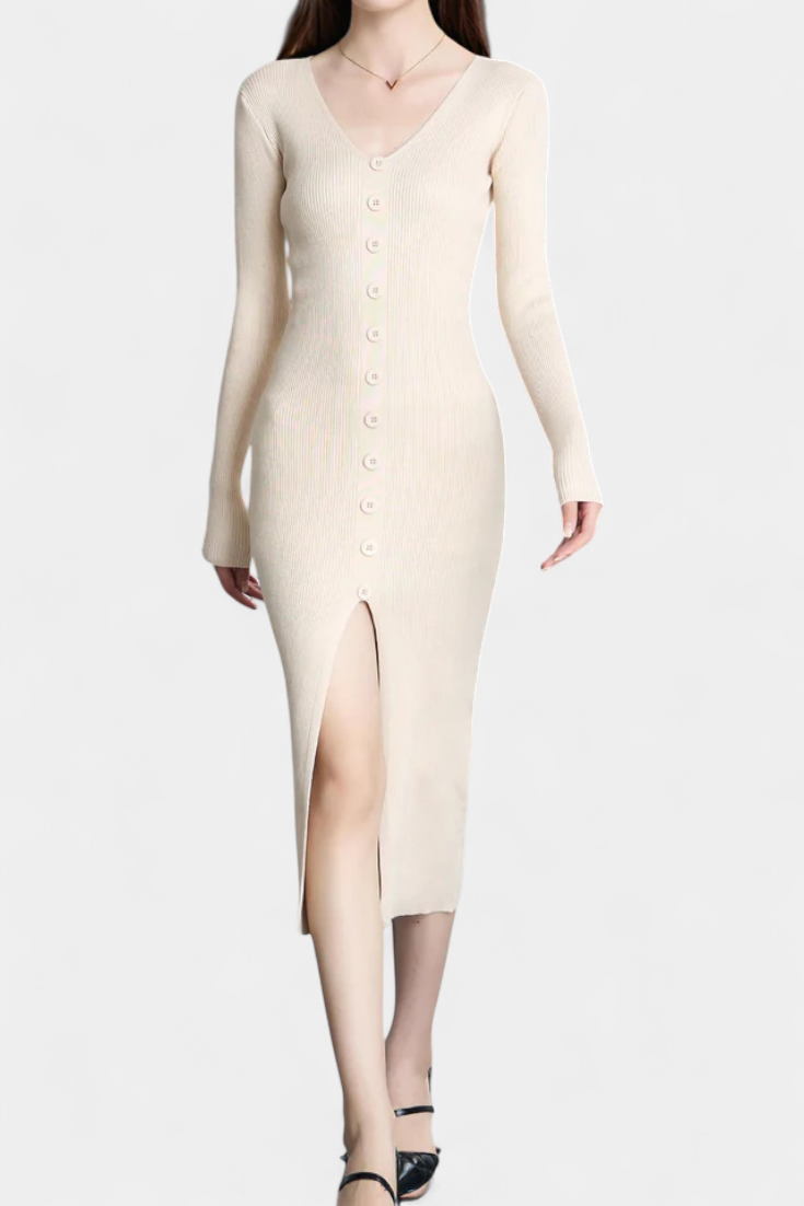 Fenella | Button-Front Ribbed Midi Dress